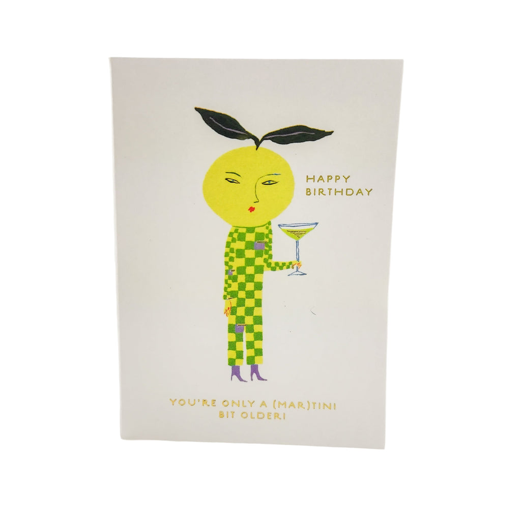 Birthday card with a stylized character holding a martini glass on a white background