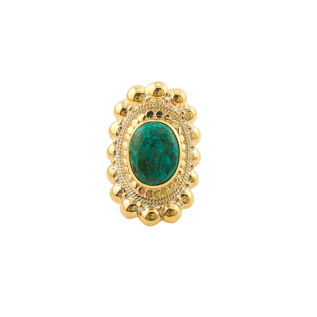 Gold ring with a green gemstone on a white background