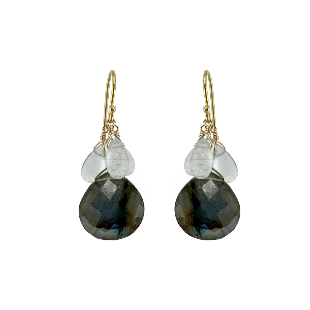 moss aqua, moonstone, labradorite cluster earrings in vermeil