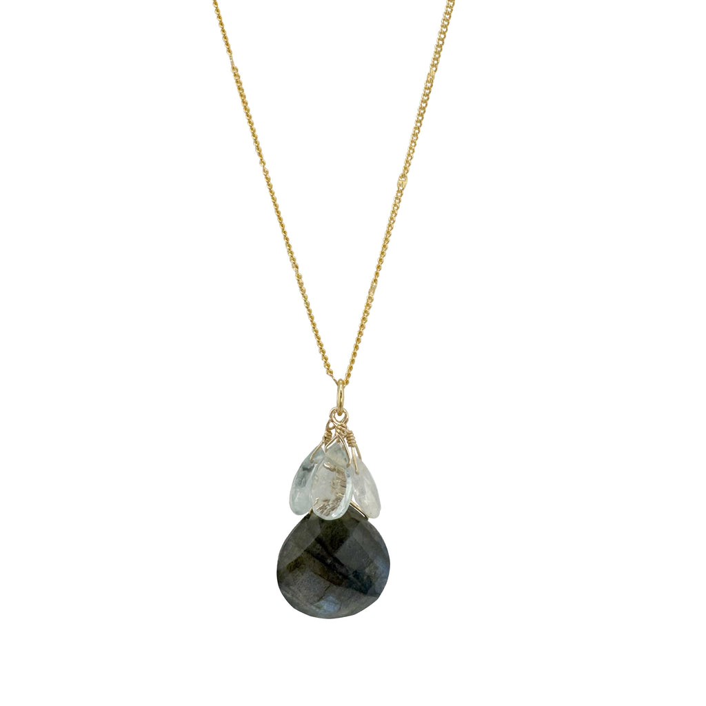 moss aqua, moonstone, labradorite cluster necklace in vermeil