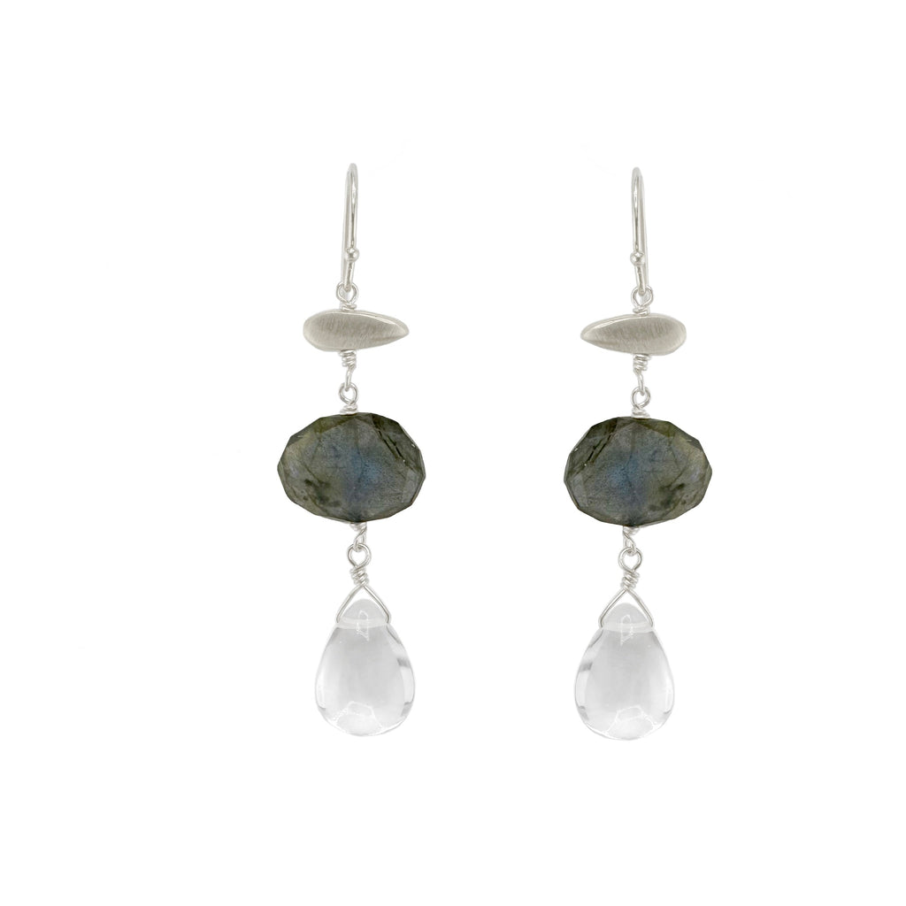 little nugget labradorite & quartz earrings in silver