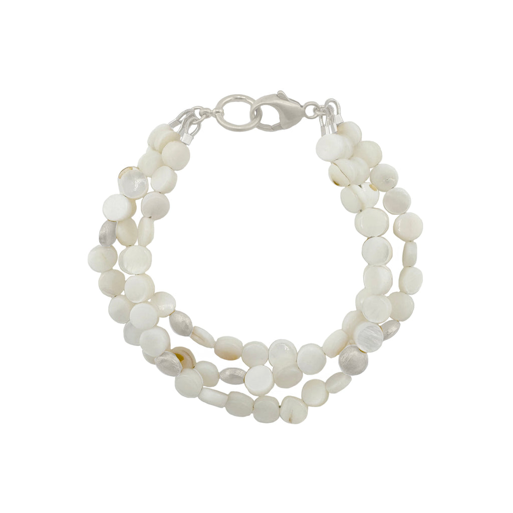 mother of pearl triple strand w. disks bracelet silver