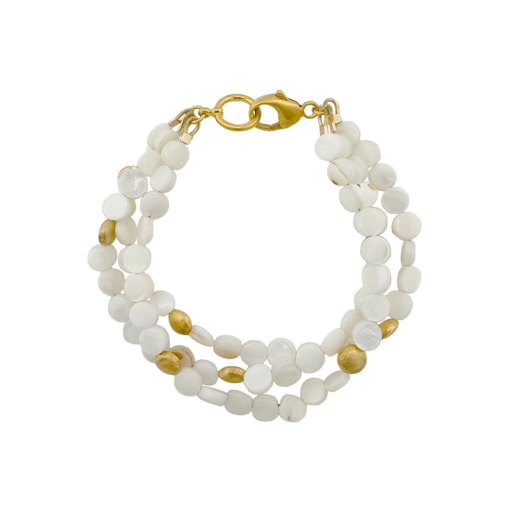 mother of pearl triple strand w. disks bracelet vermeil