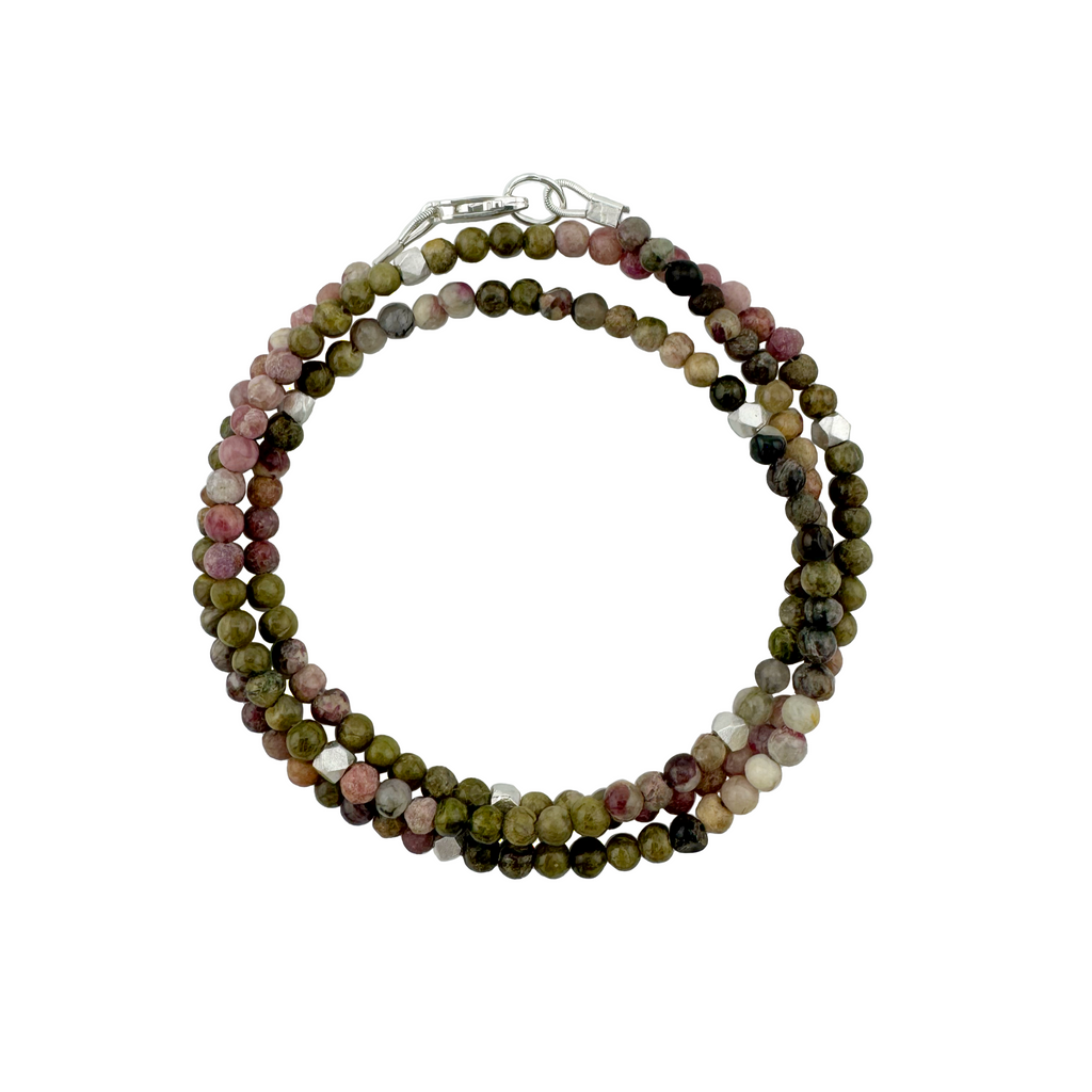 tourmaline tripple wrap w. metal beads. silver bracelet