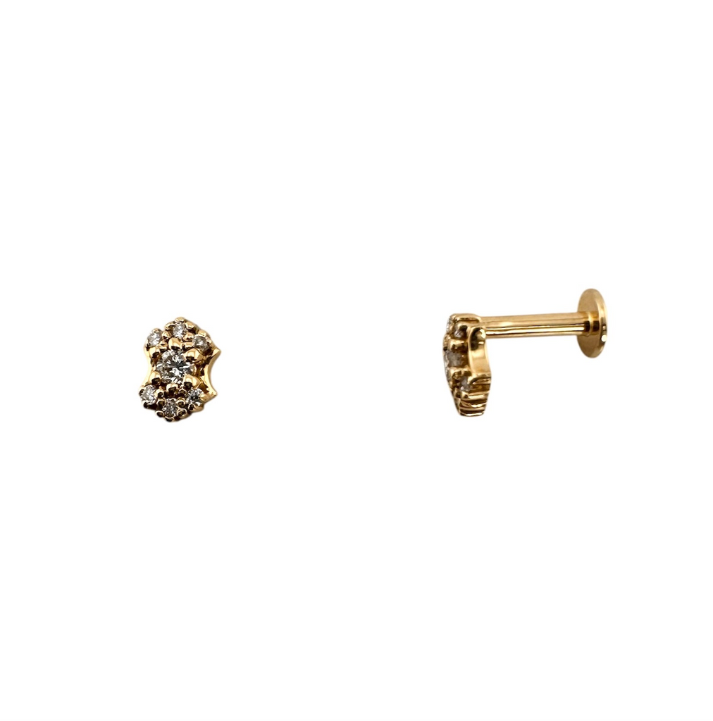 gold shield shaped earrings with cluster of tiny diamonds flatback view