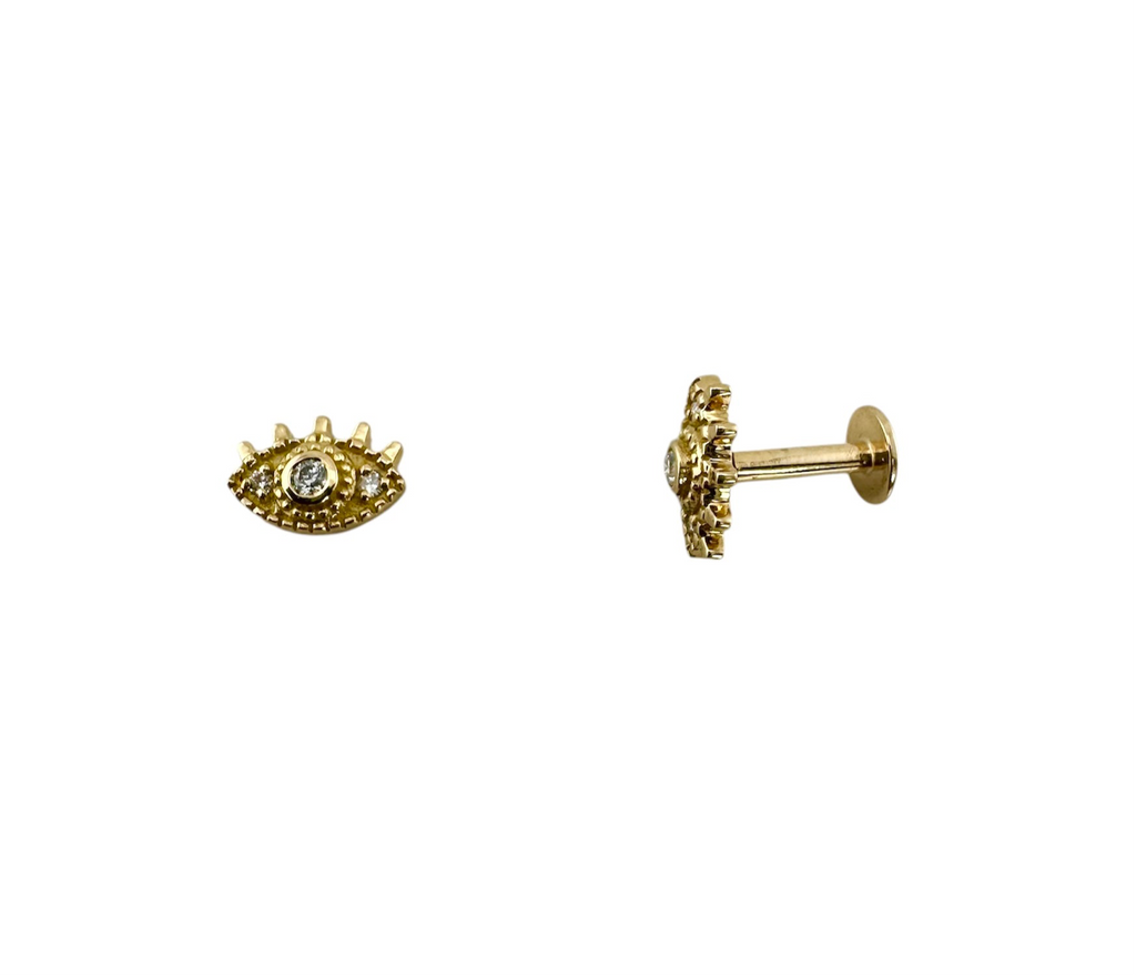 gold eye earrings with eyelash detail diamond accents flatback view