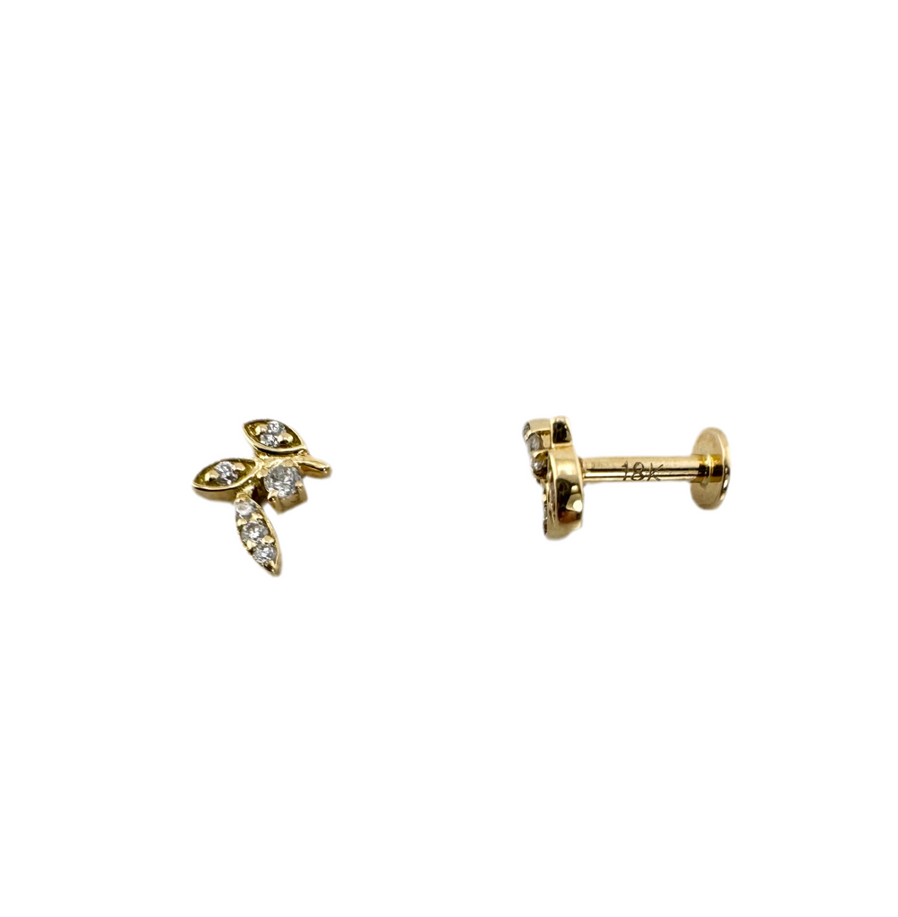 gold earrings in the shape of 3 tiny leaves with diamond accents flatback view