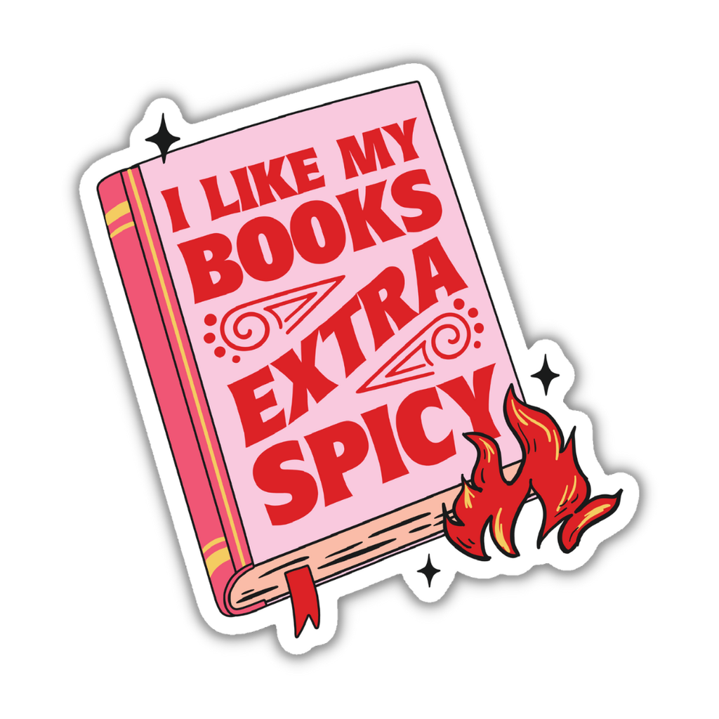 Sticker with a pink book design and text 'I Like My Books Extra Spicy' on a white background