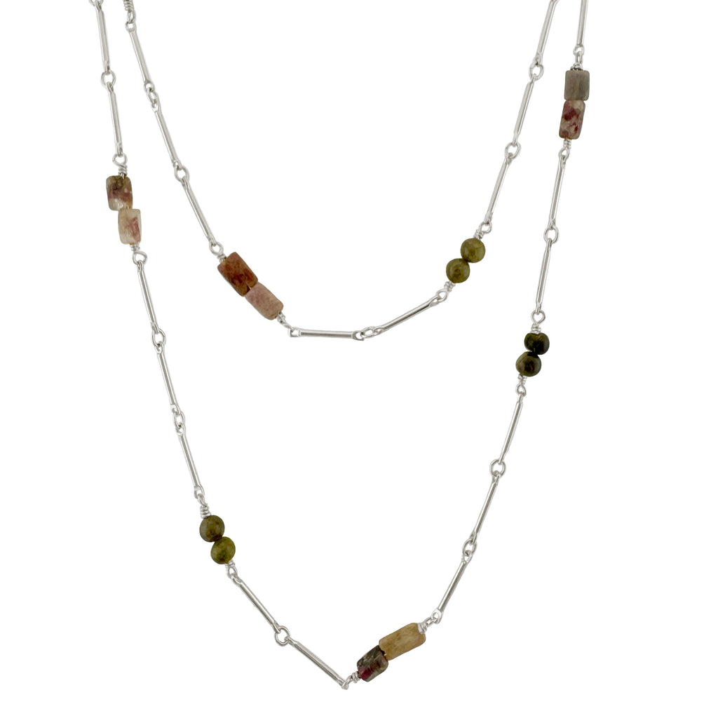 29" long bar chain w. tourmaline. silver necklace