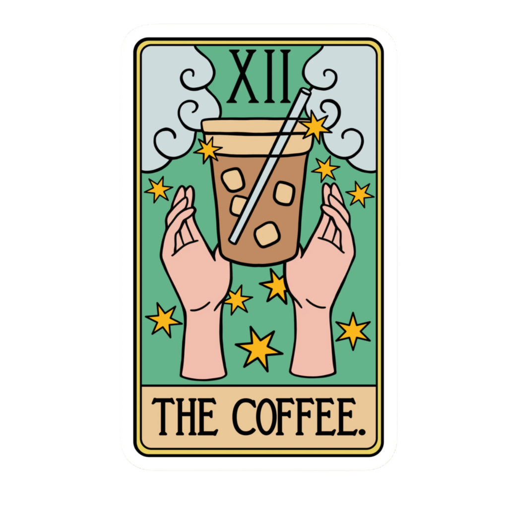 Card with hands holding a coffee cup and straw, surrounded by stars on a beige background