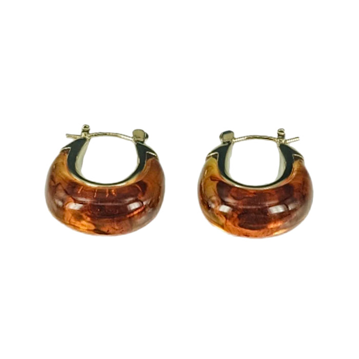 Pair of tortoiseshell hoop earrings on a white background