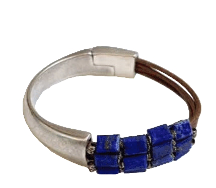 Bracelet with blue stones and brown leather strap on a white surface