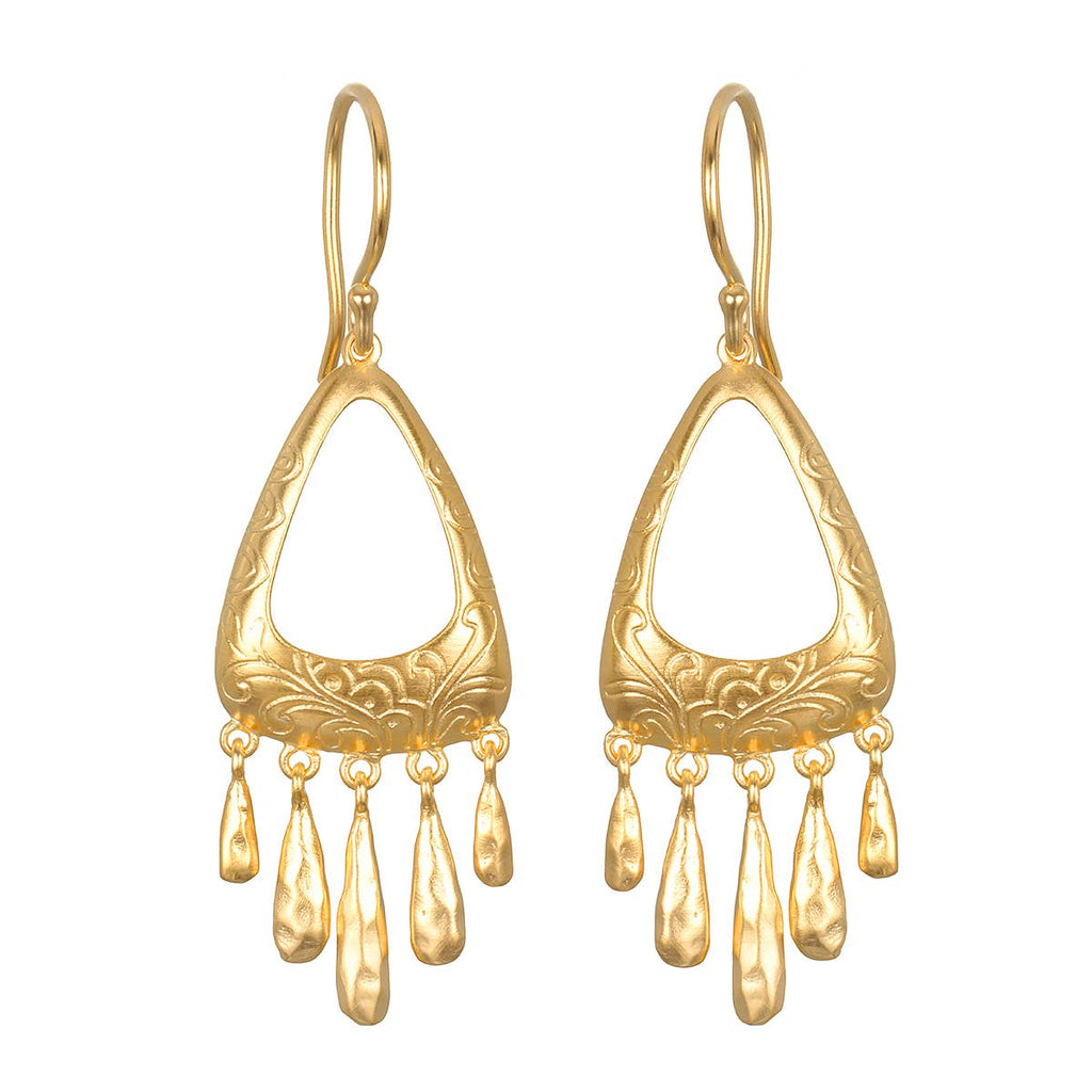 Gold earrings with intricate designs and dangling elements on a white background