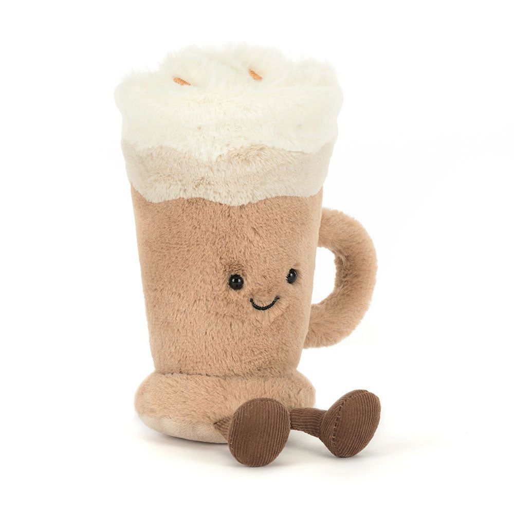 plush latte with smiling face and legs with foam on top