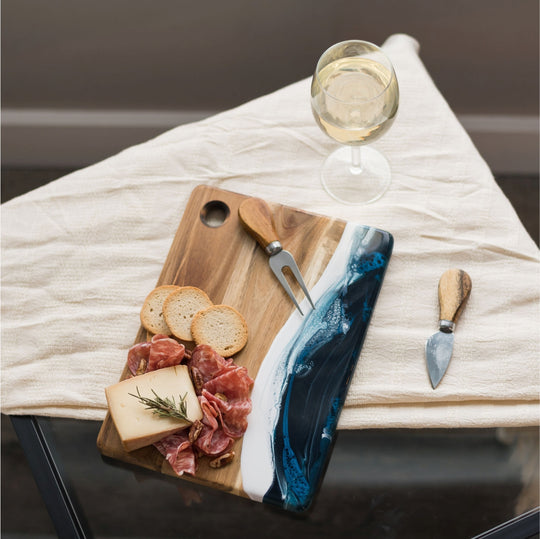 small acacia cheese board with hole and blue & white  resin accents