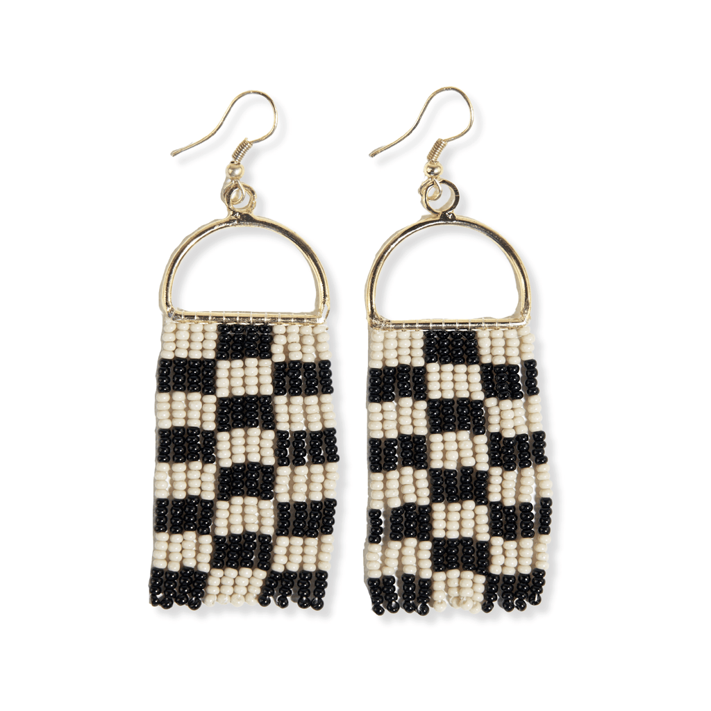Allison Checkered Beaded Fringe Earrings - Black on white background