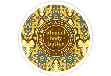 Shea butter and botanical oils container with decorative design on a white background