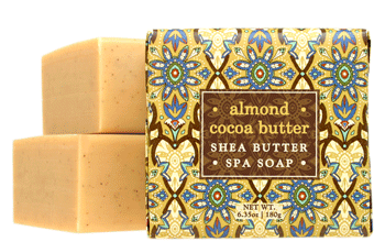 Shea butter soap bar with decorative packaging on a white background