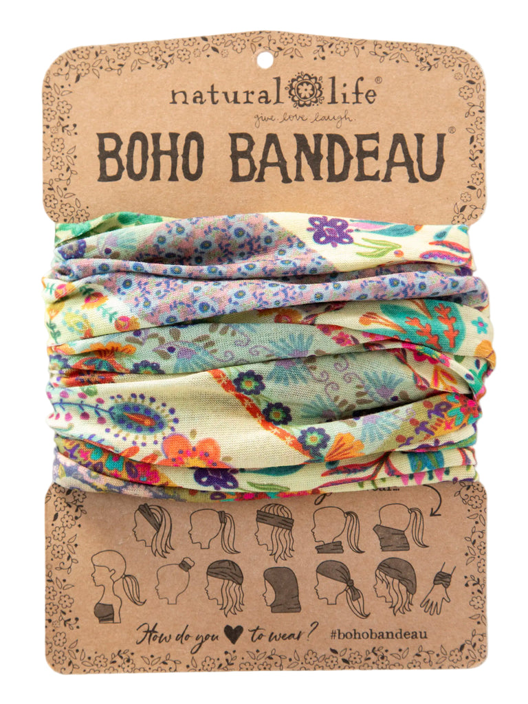 Colorful boho bandeau on a Natural Life branded card with instructions.