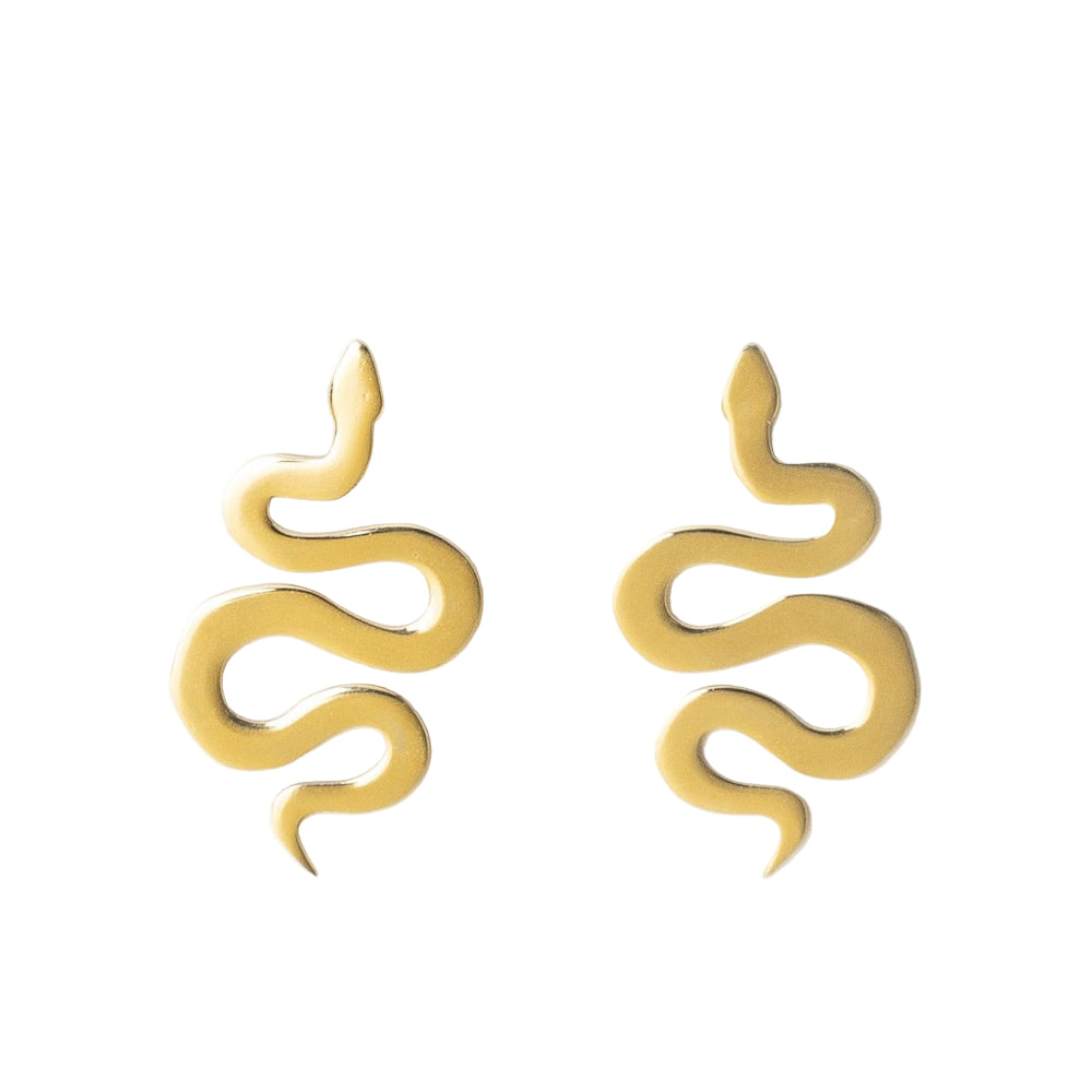 Gold snake-shaped earrings on a white background