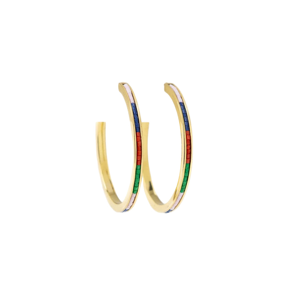 Gold hoop earrings with colorful interior on a white background