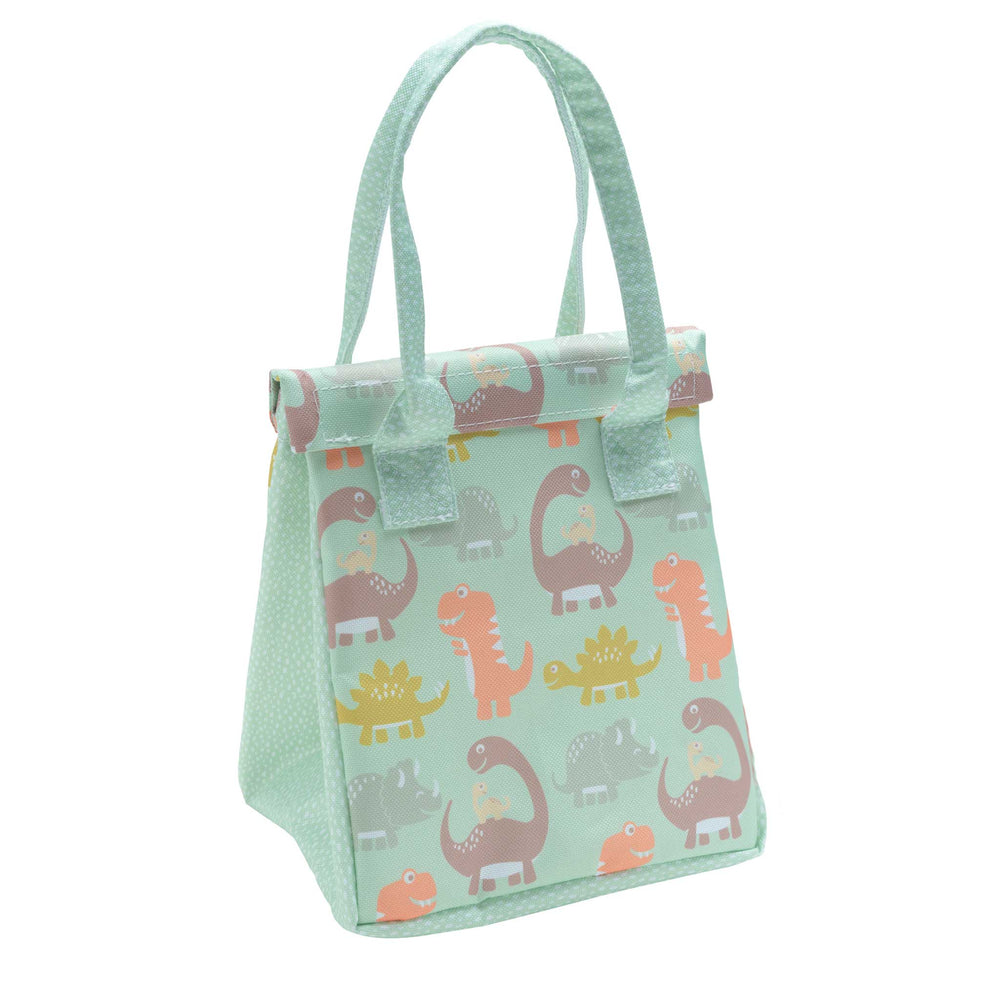 Light green fabric bag with dinosaur pattern on a white background