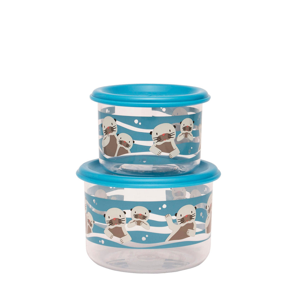 Two stacked containers with blue lids featuring otter illustrations on a white background