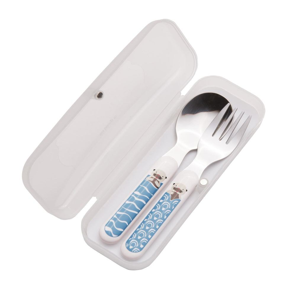 Silver fork and spoon set with blue water and otter design in a white case on a white background