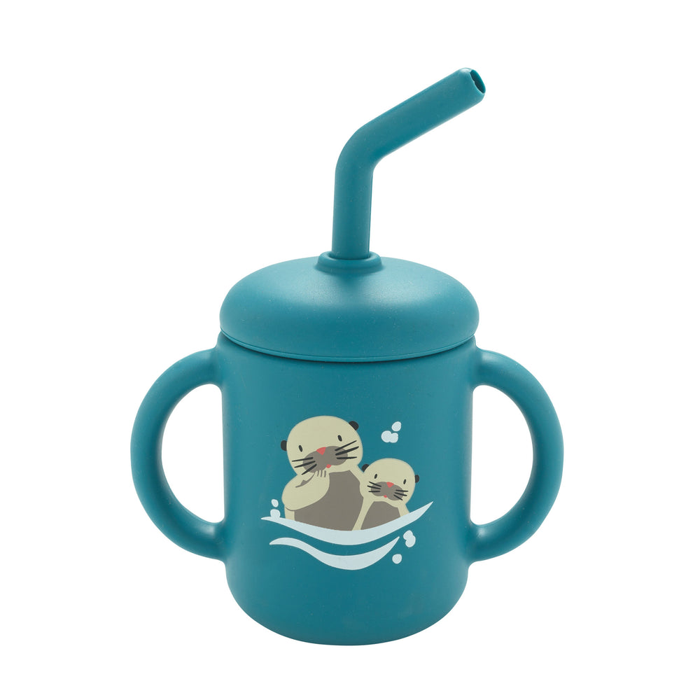 Teal sippy cup with a straw and otter design on a white background