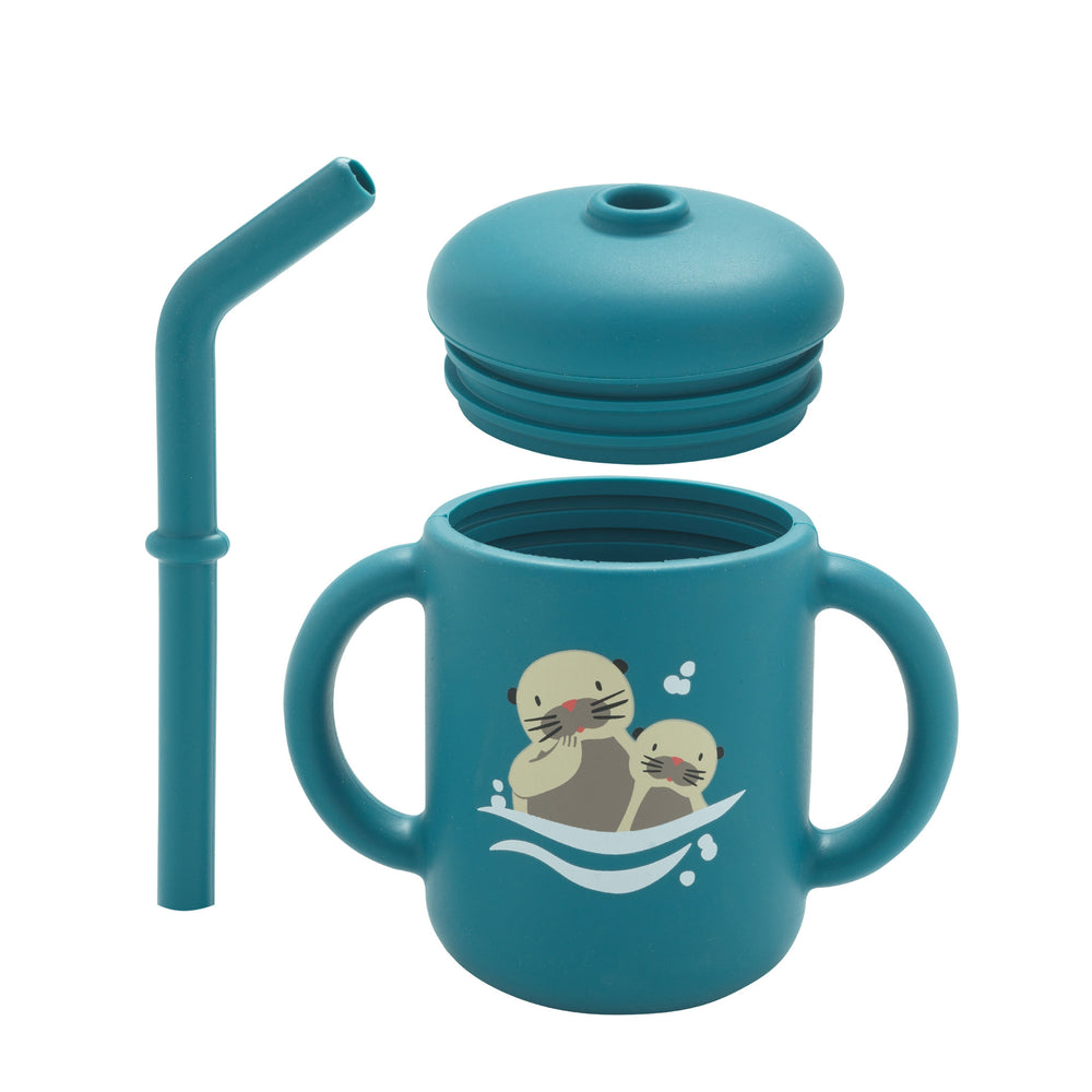 Teal children's cup with handles, lid, and straw on a white background
