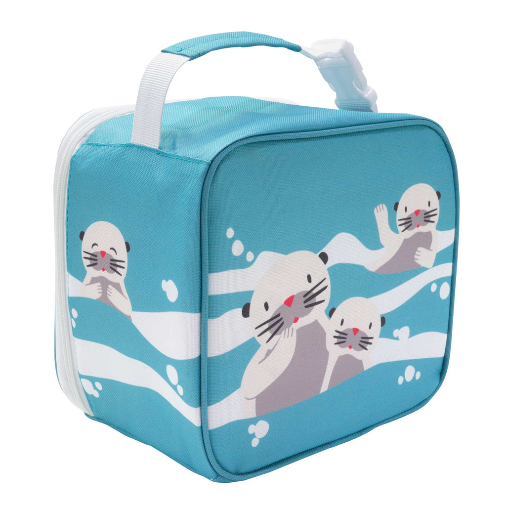 Blue lunch bag with otter illustrations on a white background