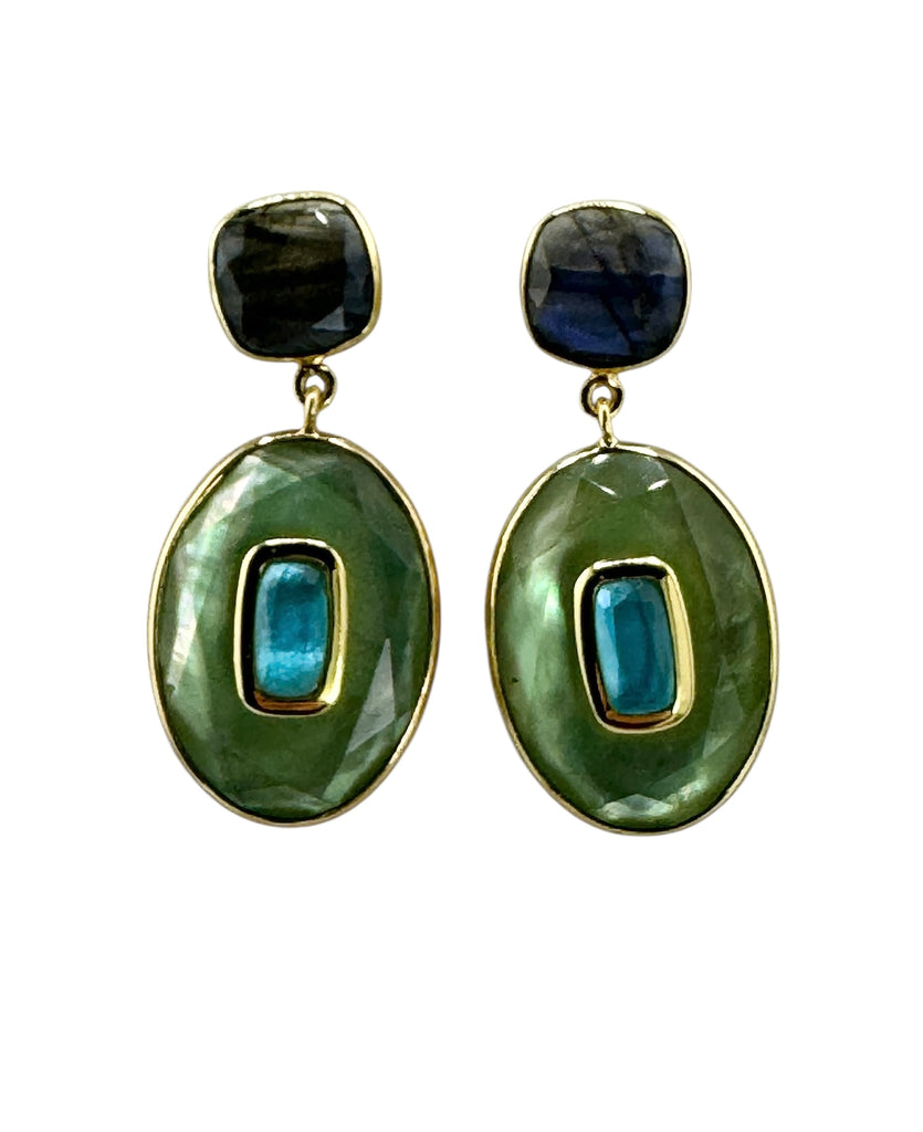 Pair of earrings with green and blue stones on a white background