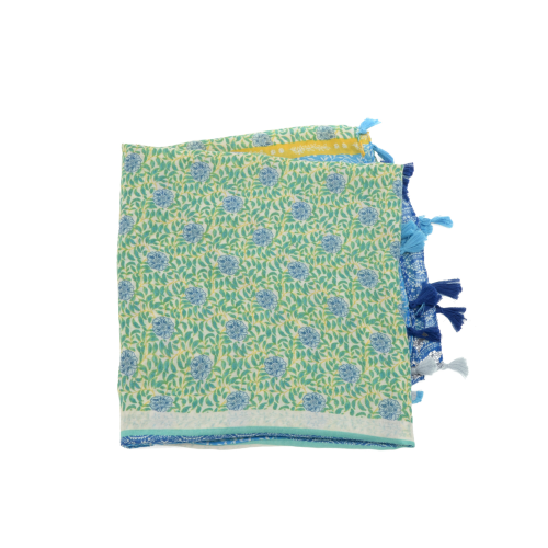 Blue and Green Blocked Floral and vines Tassel Scarf