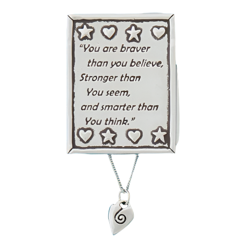 Braver, Stronger Wish Box with Spiral Heart Necklace in silver on white background