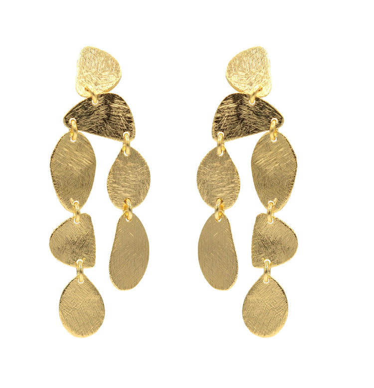 Gold earrings with layered leaf-like pendants on a white background