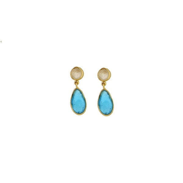 Bubble Drops Dainty Post Earring in clear and teal blue on white background