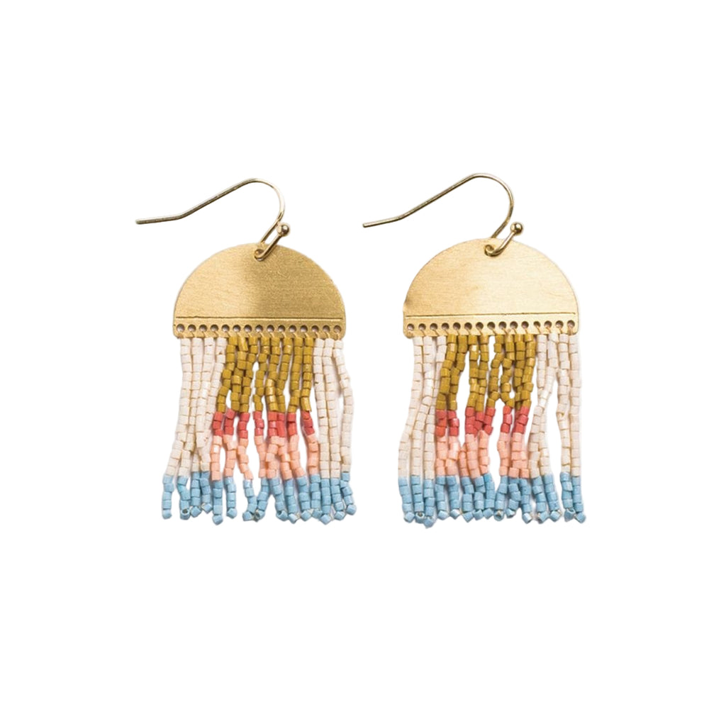 Pair of beaded earrings with colorful fringe on a white background