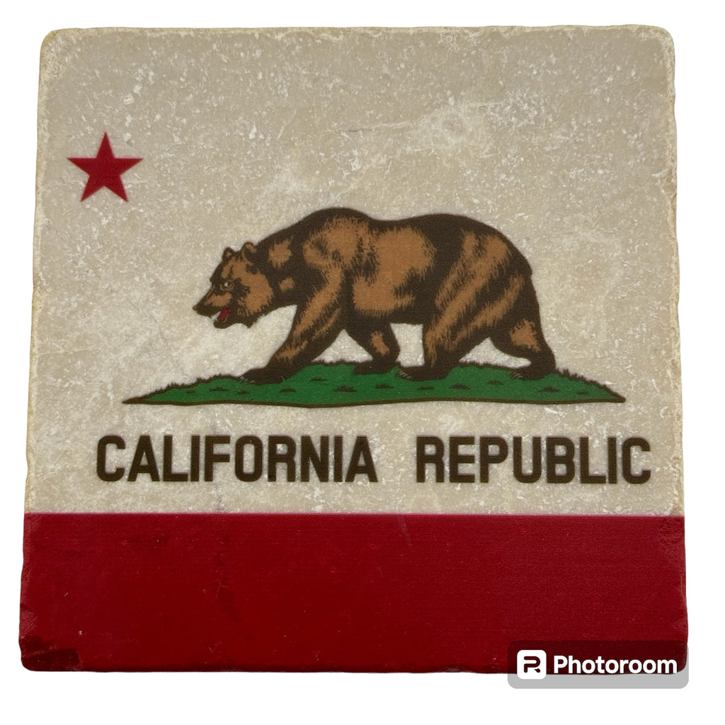 A square marble coaster with an imprint of the California Republic flag, featuring a bear and a star, predominantly in red, white, and brown colors.