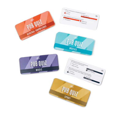 Set of colorful Pub Quiz cards on a white background