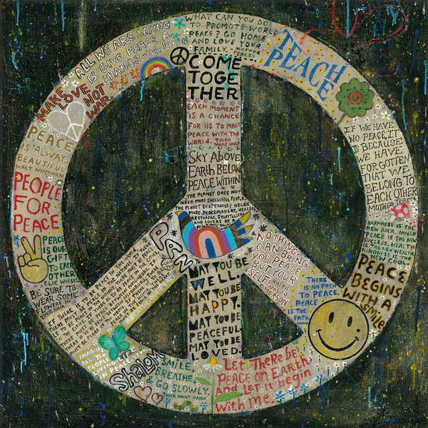Peace symbol with colorful text and symbols on a dark background