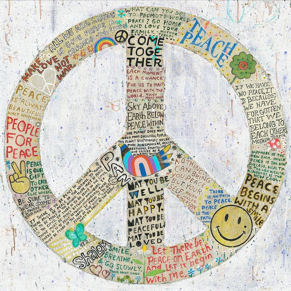 Peace symbol made of various words and phrases on a textured background