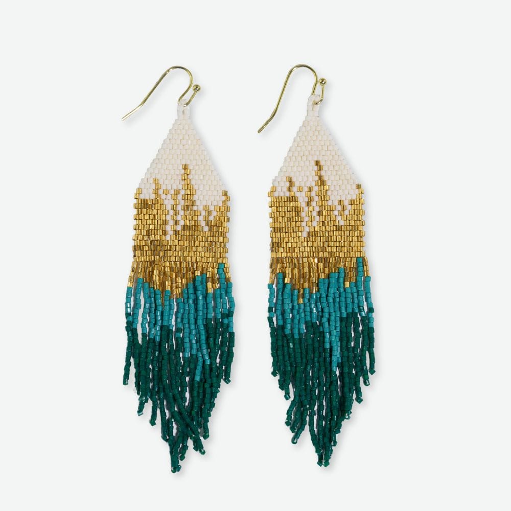 Claire Ombre Beaded Fringe Earrings - Emerald Green on white background