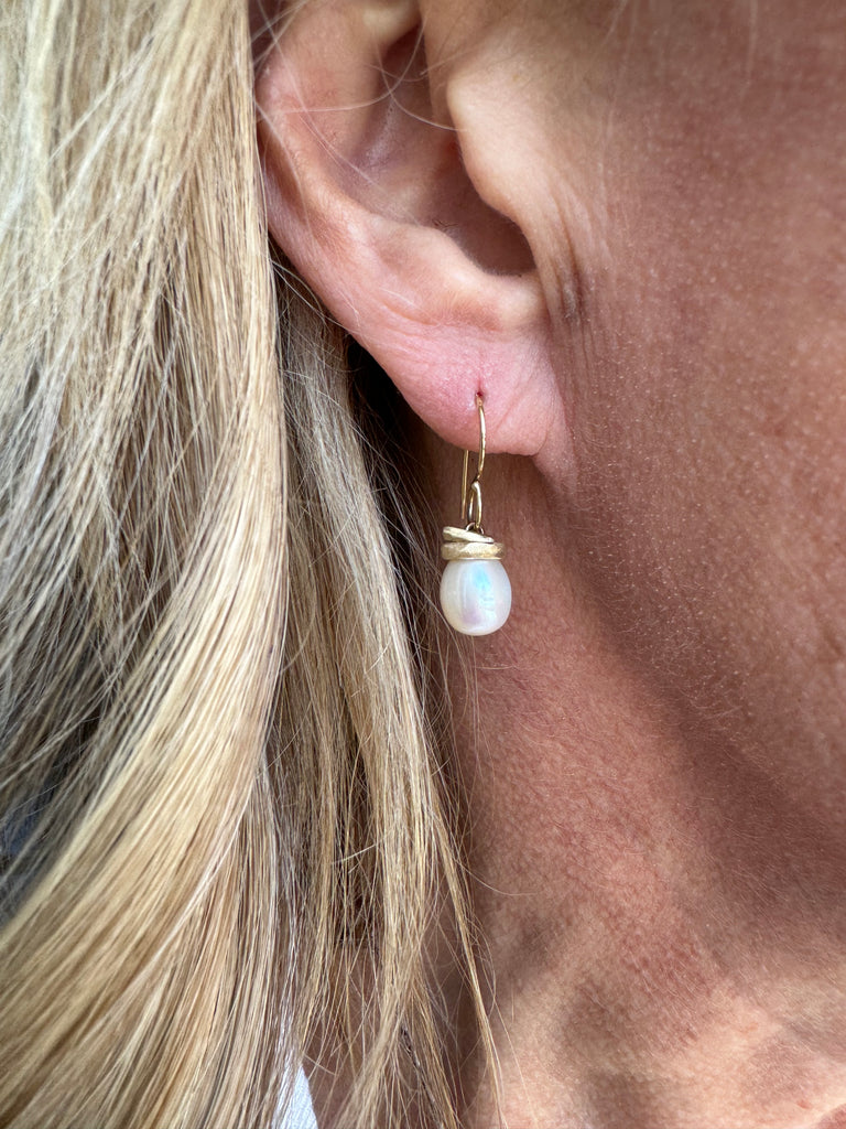 Cultured White Pearl Earrings on model