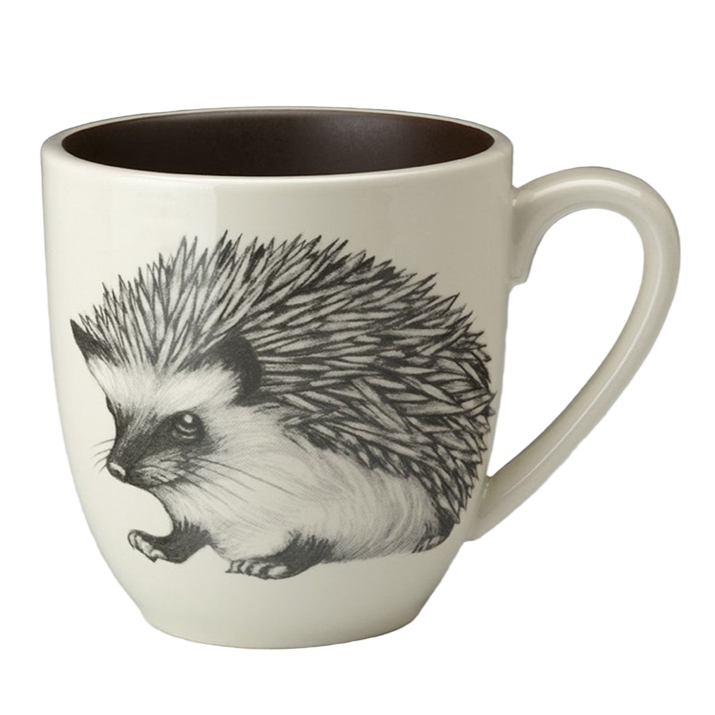 White mug with a hedgehog design on a gray background