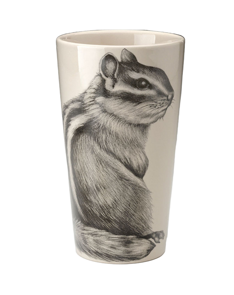 Tall white ceramic tumbler with a black and white illustration of a chipmunk on a white background