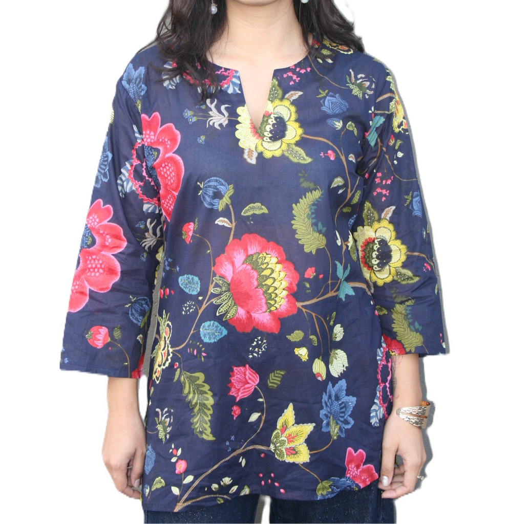 Tunic with vibrant floral pattern on navy background