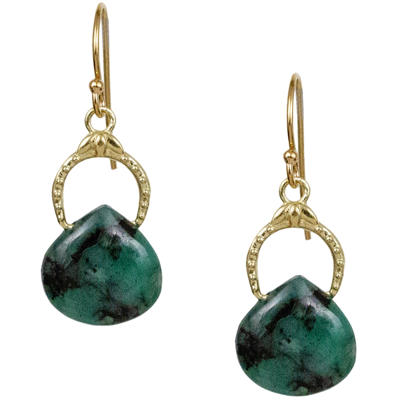 Gold earrings with green teardrop-shaped stones on a white background