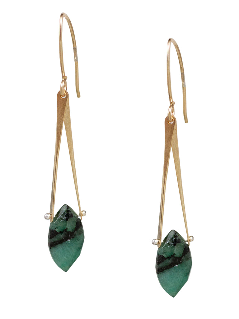 Gold earrings with green leaf-shaped stones on a white background