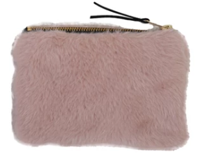 Pink fluffy pouch with a zipper on a white background