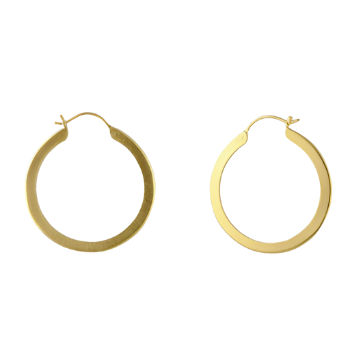 A pair of flat, medium-sized hoop earrings with a satin finish, available in gold plate and silver colors.